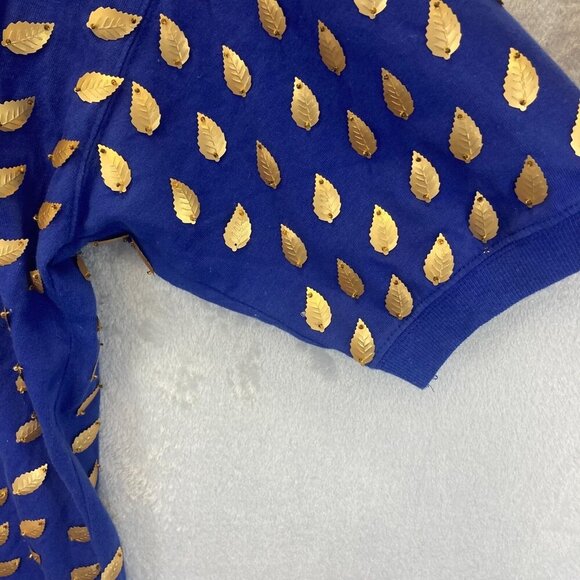 READ! Vintage Gene Ewing Bis Bis Gold Leaf Embellished Blue Knit Tee Top Small - Picture 13 of 16